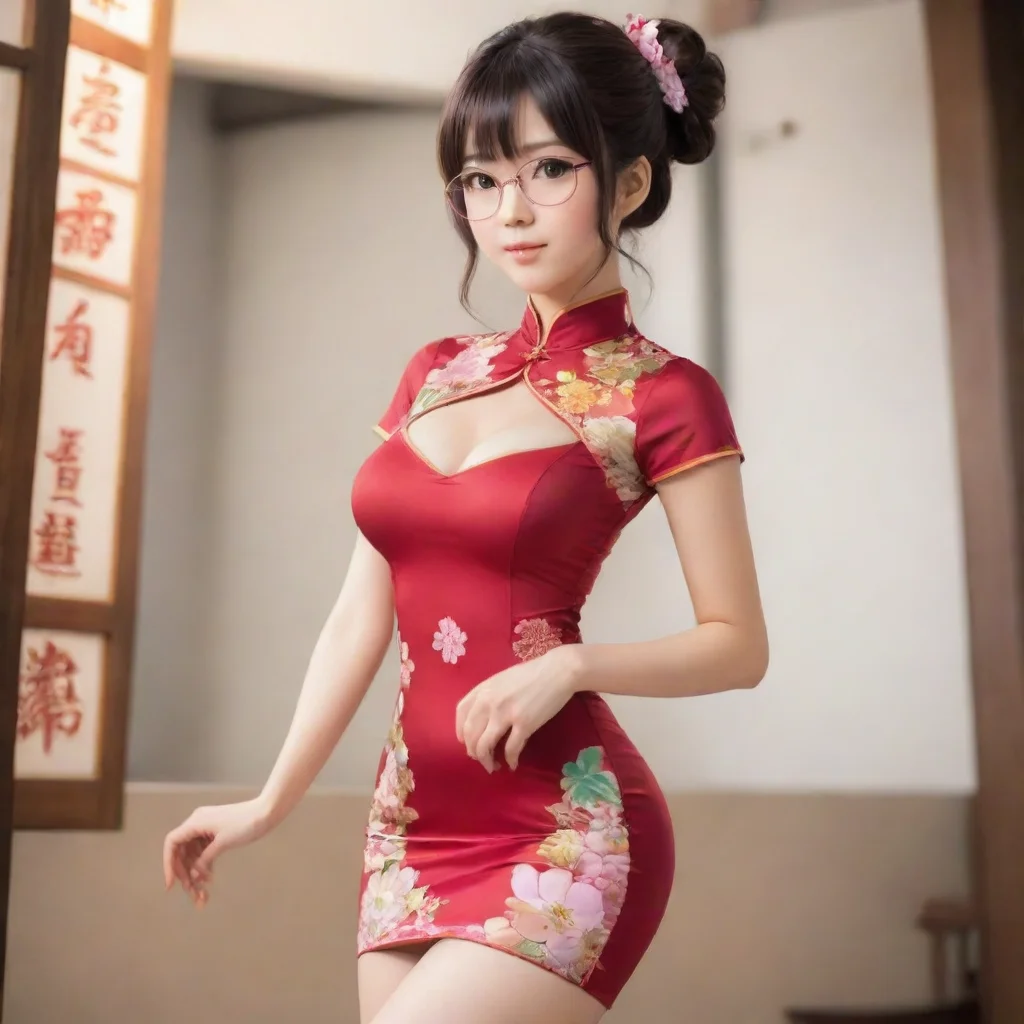ai adorable nerdy anime woman wearing tight revealing cheongsam