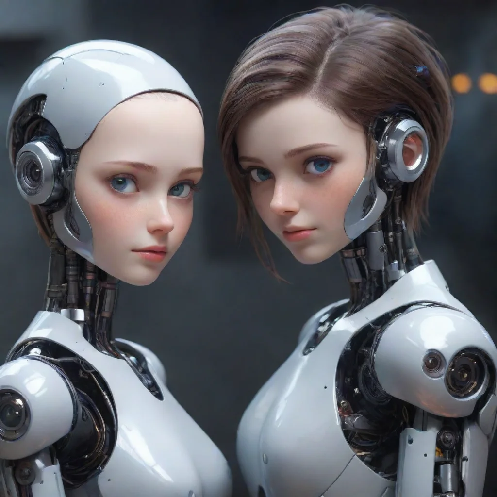 ai ai robots boy and girl elinor and thomas arm around each other romantic looking at camera eyes clear wow beautiful ai ar
