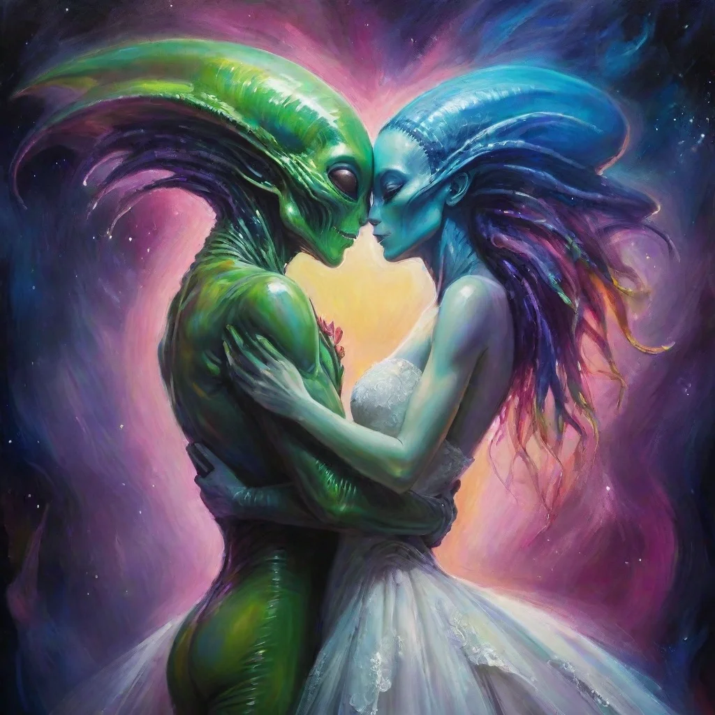 alien lovers embrace fantasy trending art love wedding colorful 