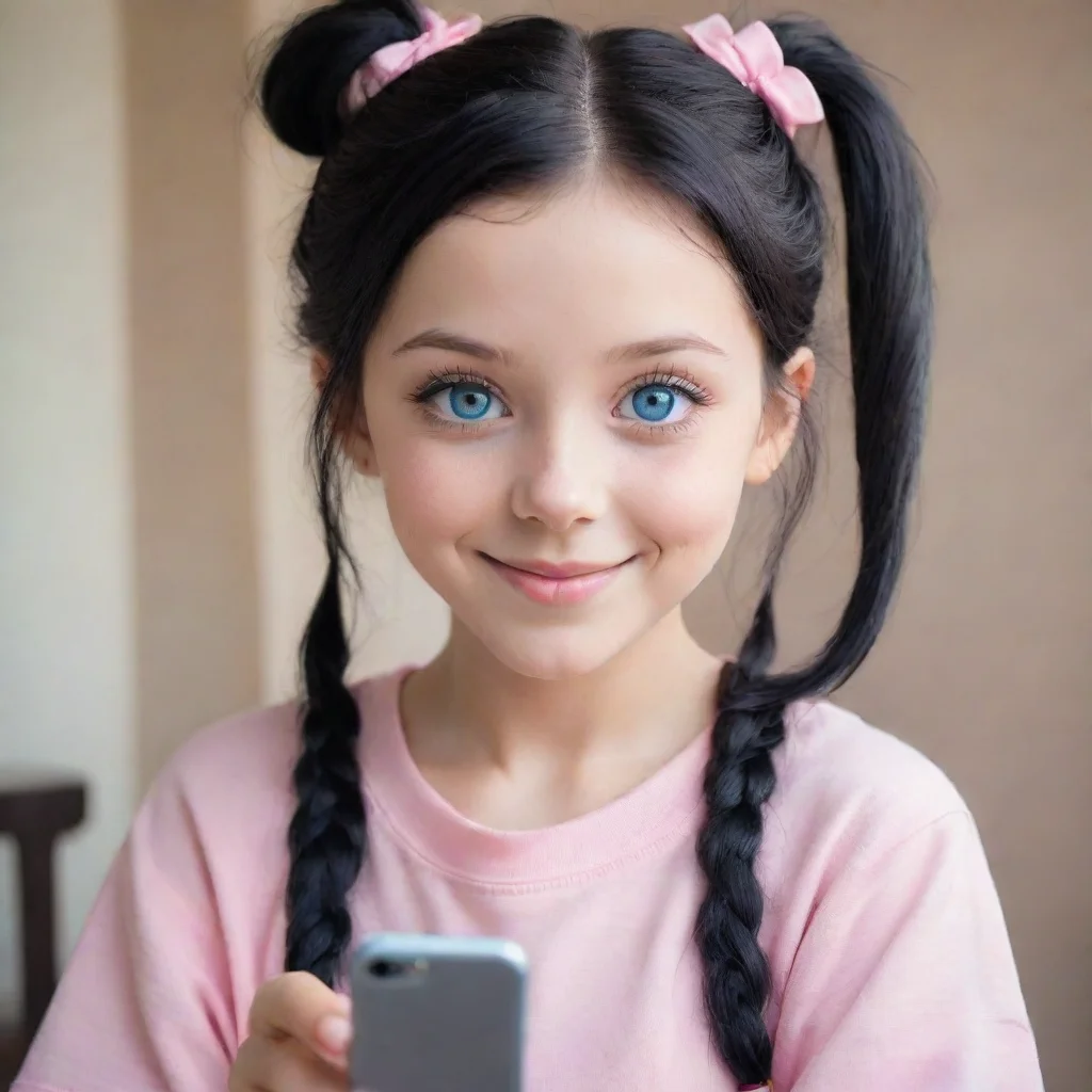 ai amazing 1 girlshe has jet black hairshe has blue eyesshe wears a hairstyle of two short pigtailsshe wears a pastel pink 