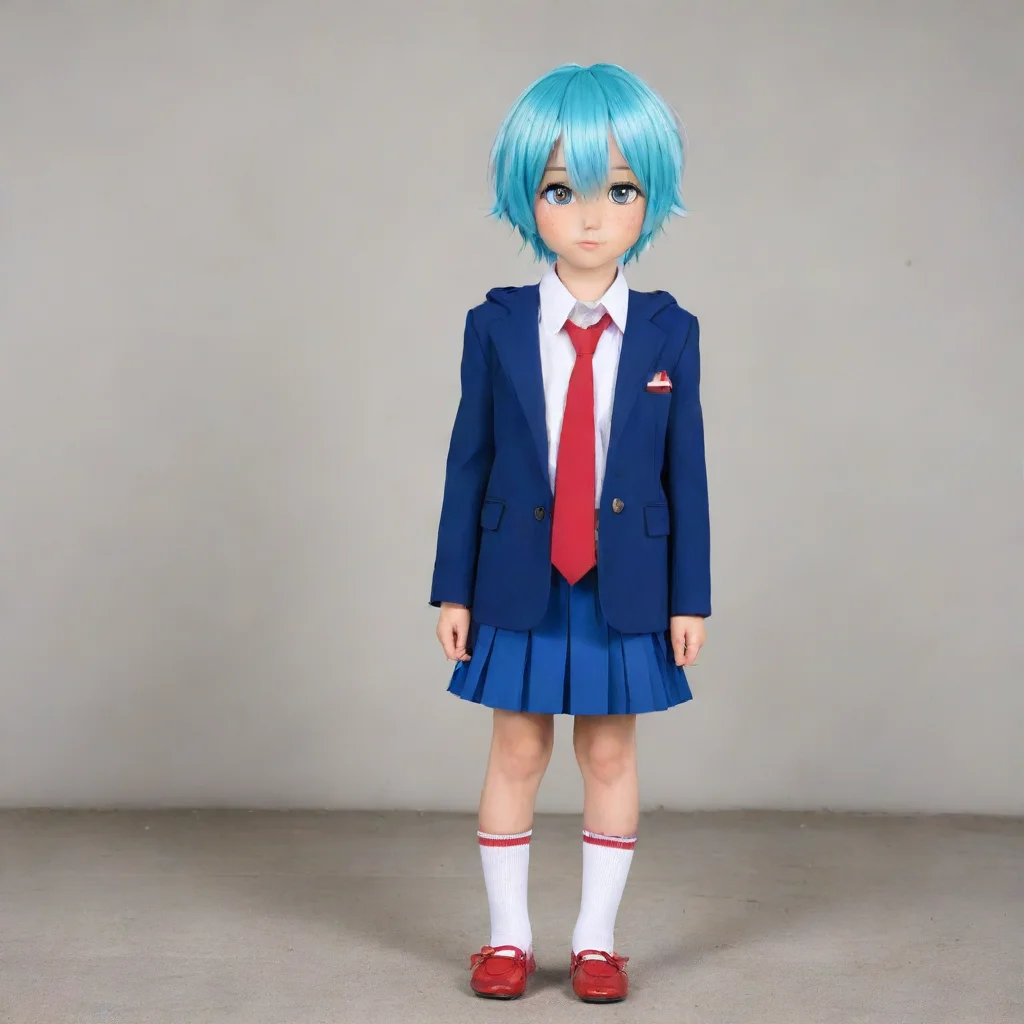 ai amazing 1boyshort cyan hairschool uniform white shirt red tie blue blazer with hood blue skirt white socks white loafers
