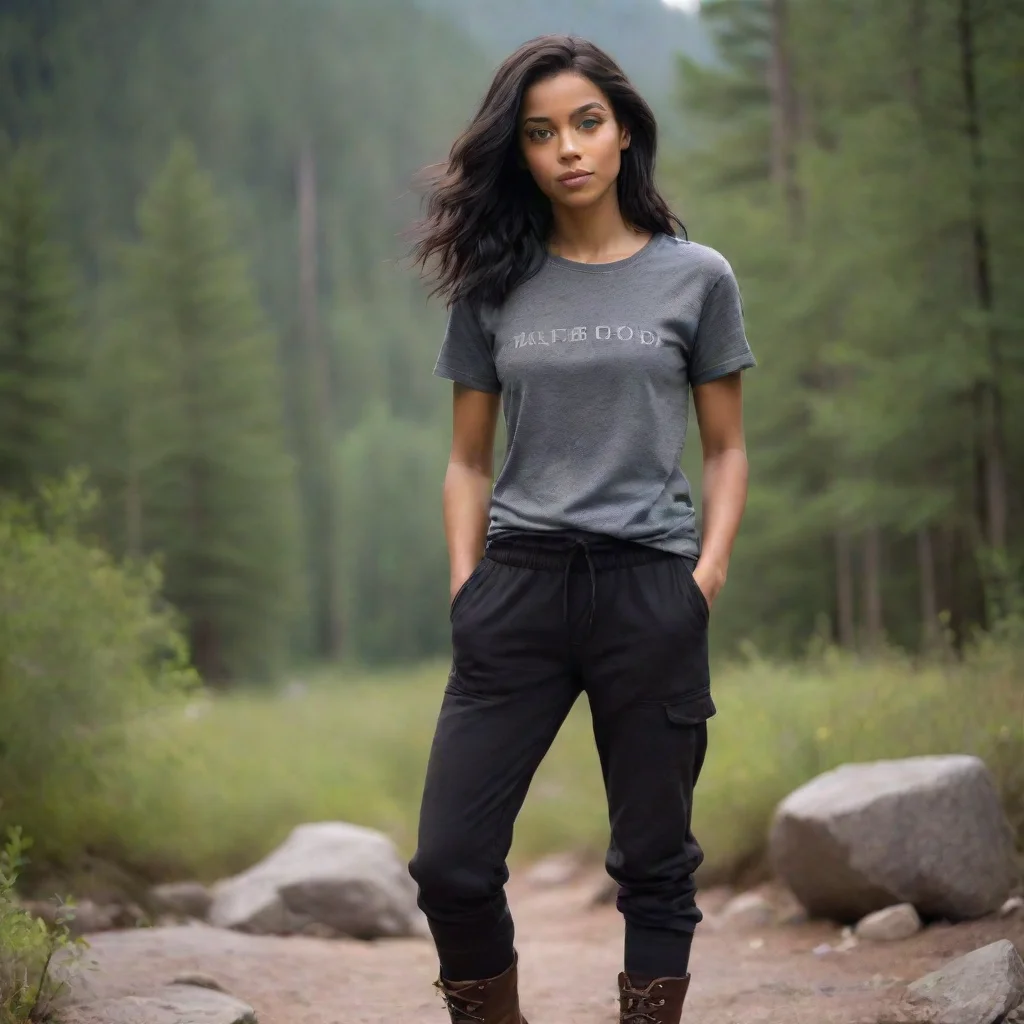 ai amazing 62ebony black shoulder length hairgrey eyesbrown skincamp half blood t shirtblack trousersbrown hiking bootsawes