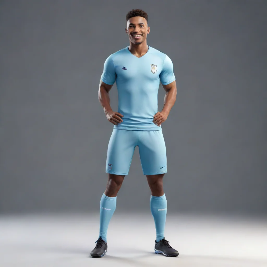 ai amazing a 3d football playerstanding with a stretched but confident posturehe has a bright smile lighting up his faceexp