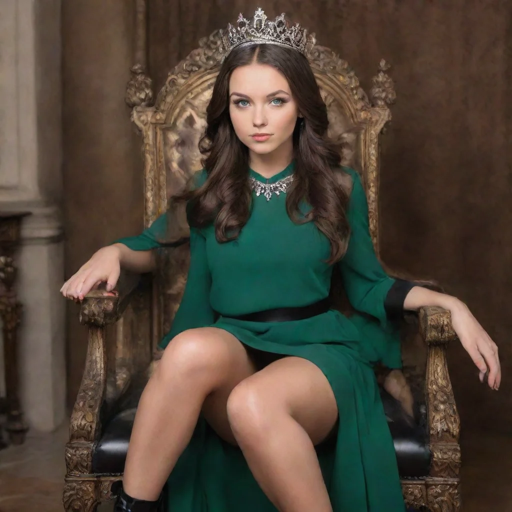ai amazing a brunette queen with green eyes sitting on a throne wearing black dress with short skirt and black shoes with h