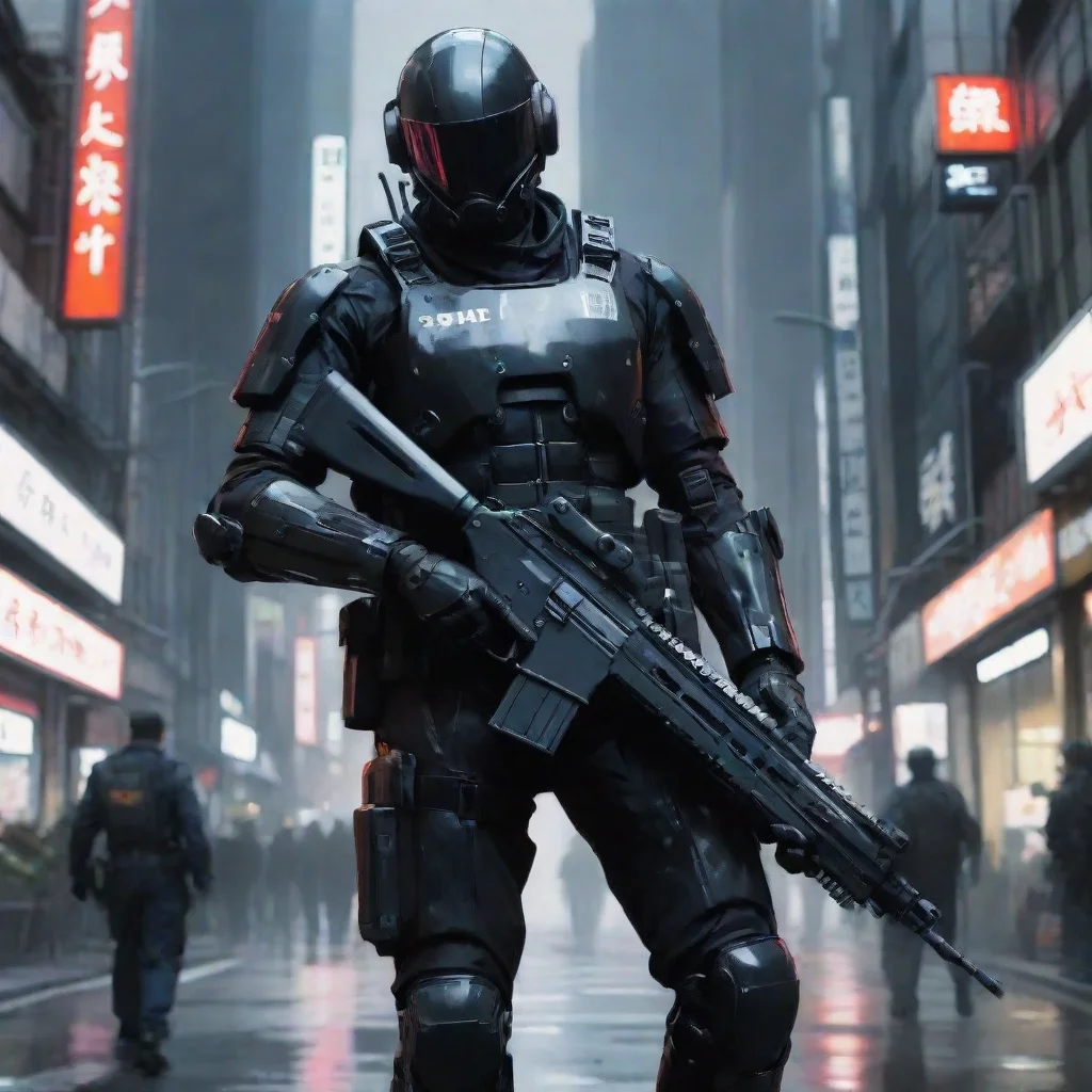 ai amazing a high fidelity sci fi police carrying a long carbine covered in black battle suit in a highly technologically t