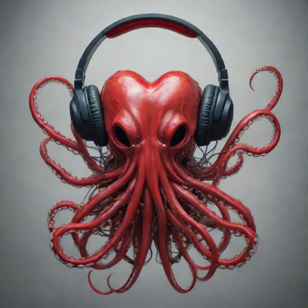 ai amazing a mangled heart that bleeds slightly but has octopus tentacles that are headphone jacksthis wearing headphones o