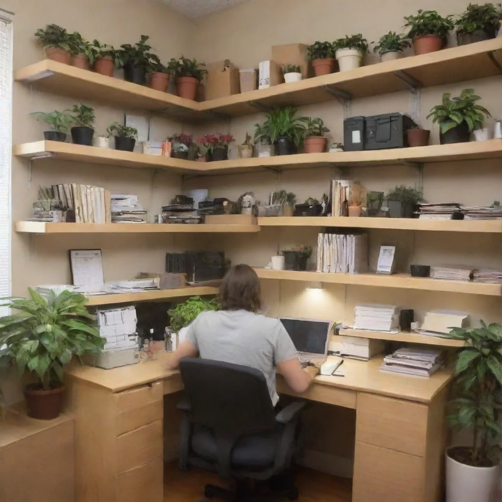 ai amazing a person sitting at a desk in a well lit officeworking on a laptopon the desk is a small potted plantin the back