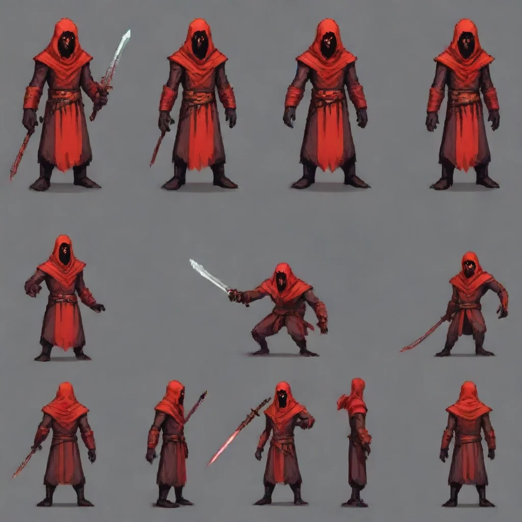 ai amazing a pixel art sprite sheet of a red cultistwith its 6 frames for its walking animation and 6 frames for its attack