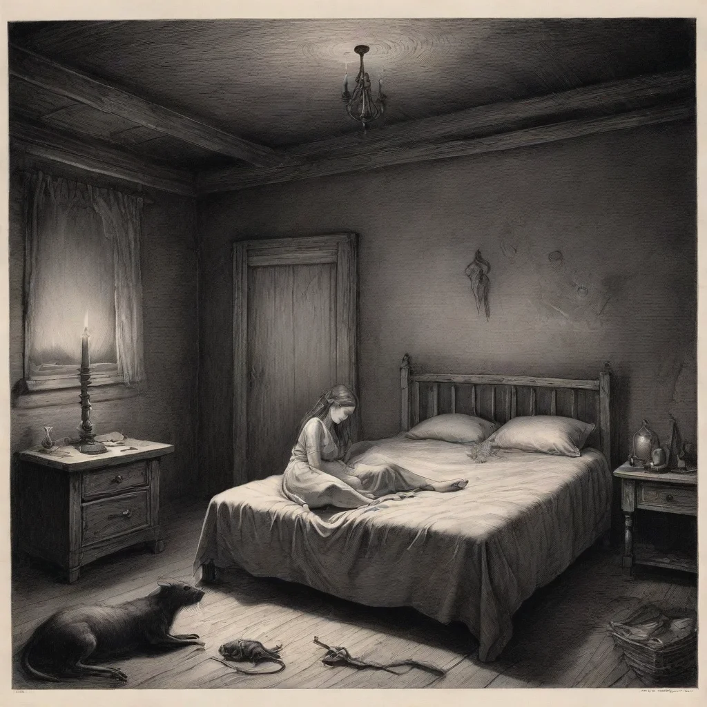  amazing a pregnant woman on bed in a cabindark roomcandle lightrats on the floorhorror sceneink drawingin style of gusta