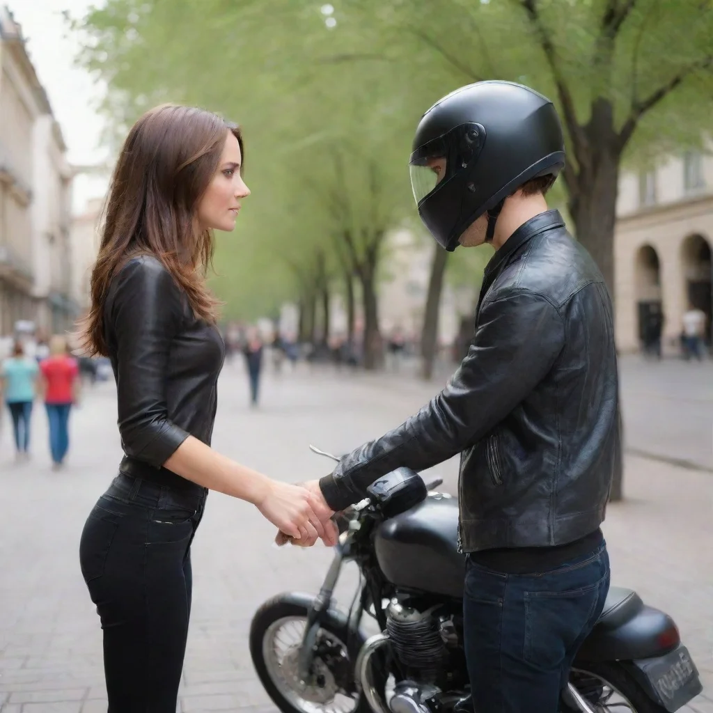 ai amazing a short girl with brown hair and a tall man stand in a city square with treesthe man reach out a black motorcycl