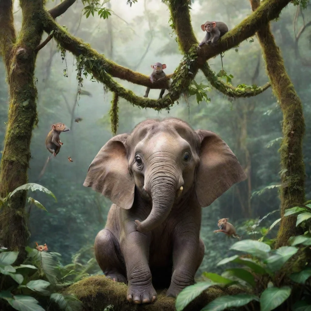  amazing a small elephant sitting in a rainforest with its friends with a pretty rainforest in the backround with monkeys
