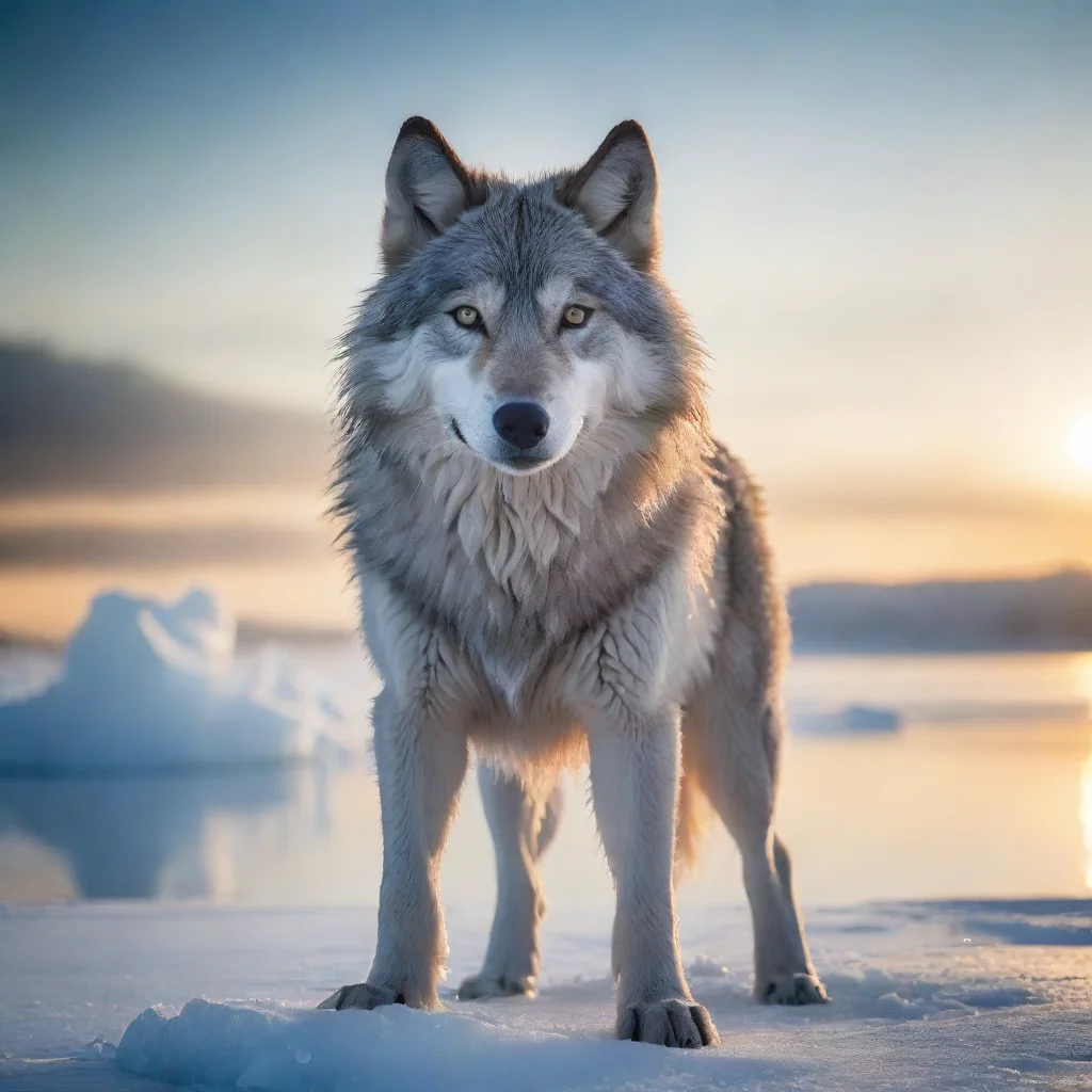 amazing a smiling wolfmade from icestanding on a giant ice lakethe sun behind himawesome portrait 2