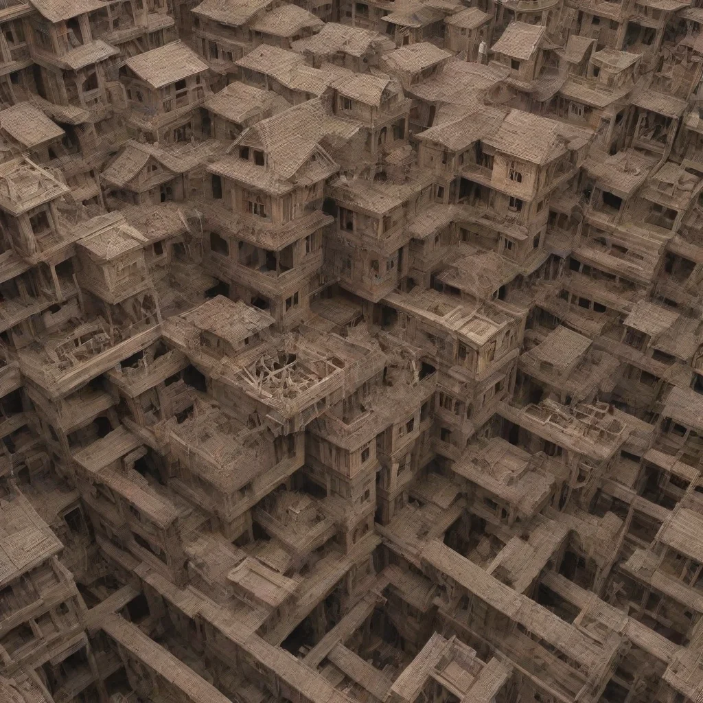 ai amazing a swarm of parts intertwined upside down escher paradox kitbash greeble timber construction building in a buildi