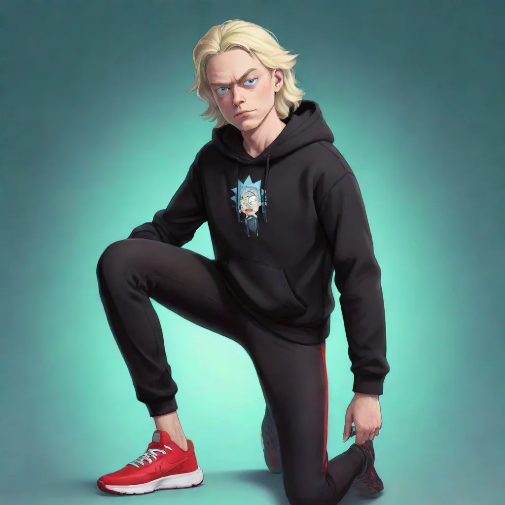 ai amazing a tonedblonde male with long haira black hoodieblack leggings showing of his legs and some red sneakers rickmort