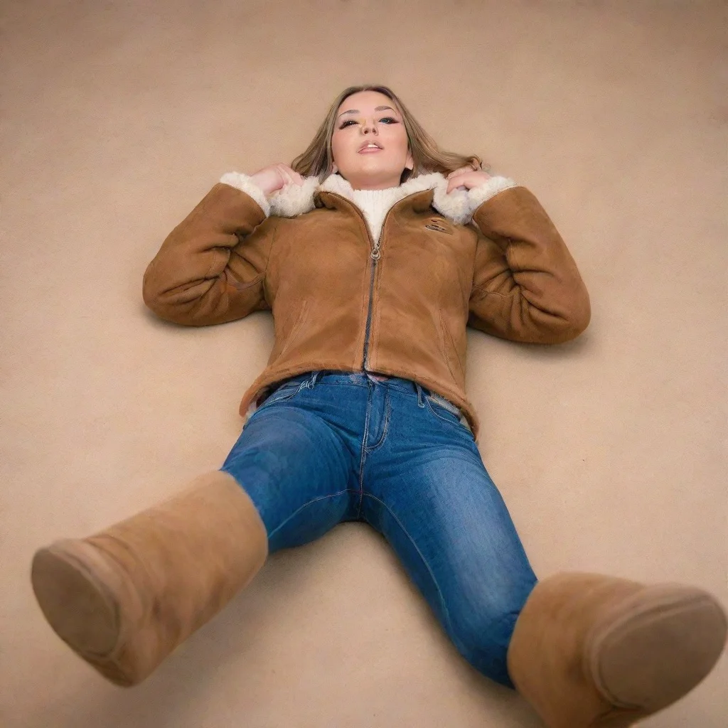 ai amazing a woman wearing b3 shearling jackettight jeansknee high ugg bootsis lying down with her legs spread wide openlow