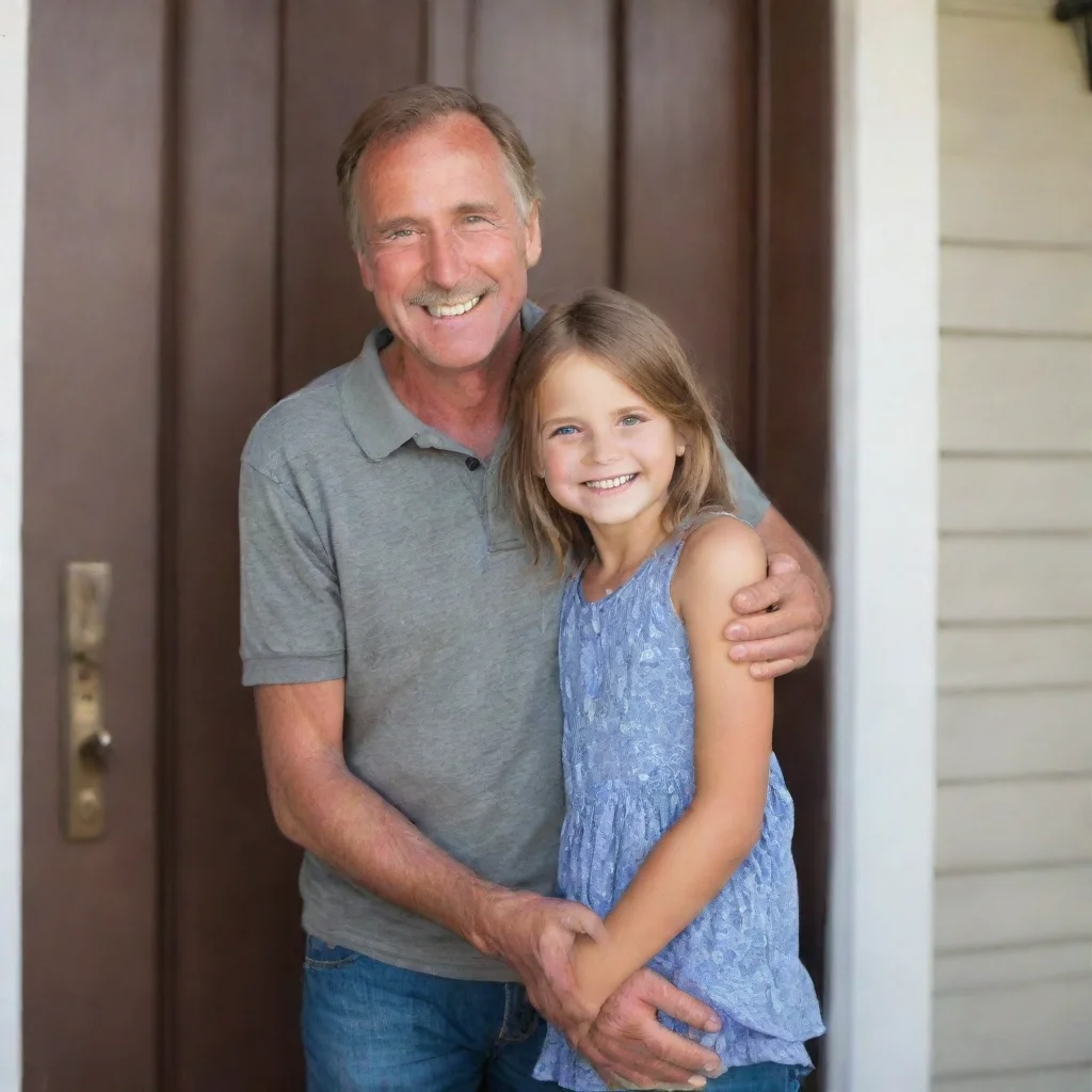 ai amazing a young girl with bright eyes and a big smileis standing at the front doorholding onto her dad s knee awesome po