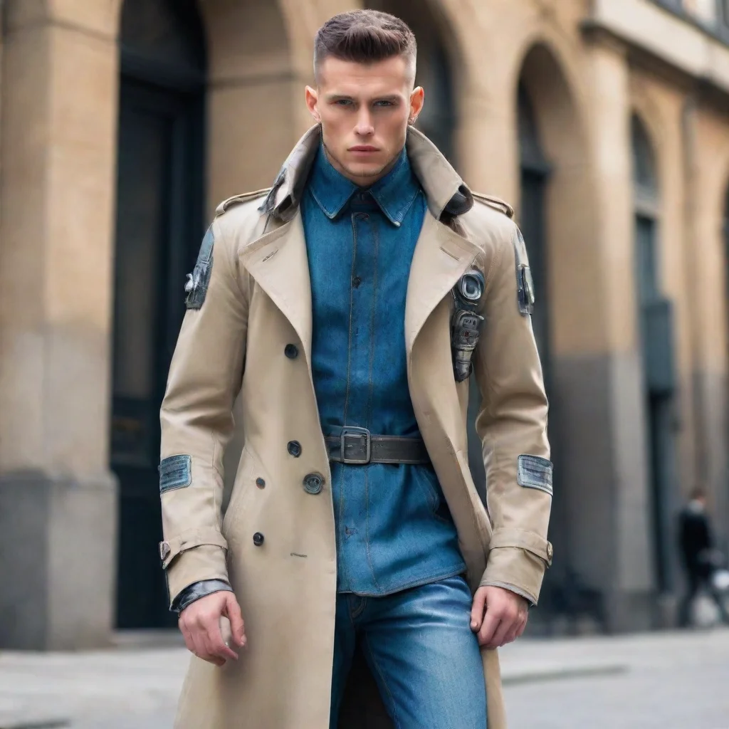 ai amazing amazing denim trench coat robotic cyborg shaved sides guy model hd best aesthetic eyes clear sunning colorfulepi