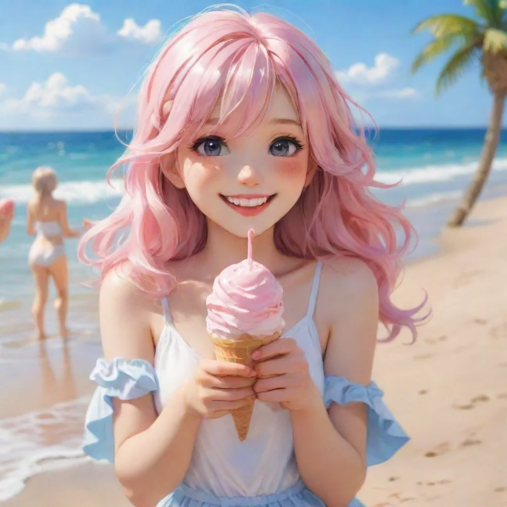 ai amazing amazing hd art anime detailed aesthetic beautiful smile blush holding ice cream at beach awesome portrait 2