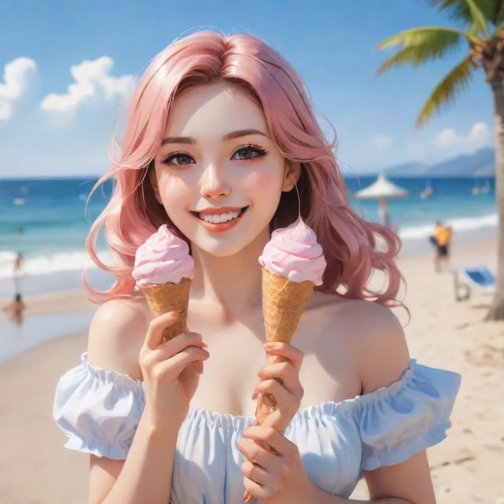 ai amazing amazing hd art anime detailed aesthetic beautiful woman smile blush holding ice cream at beach awesome portrait 