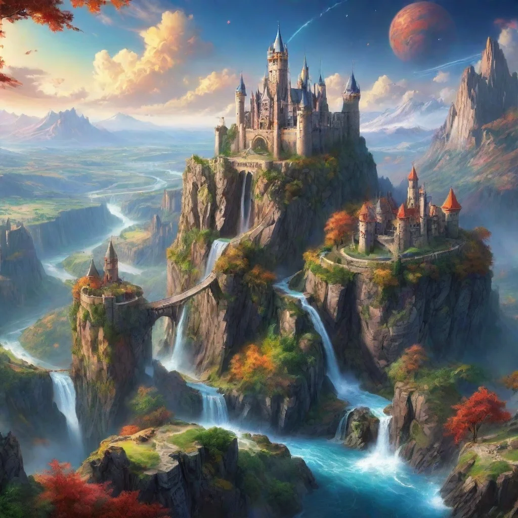ai amazing amazing scenery hd detailed colorful planets in sky realistic castles spiral towers high cliffs waterfalls beaut