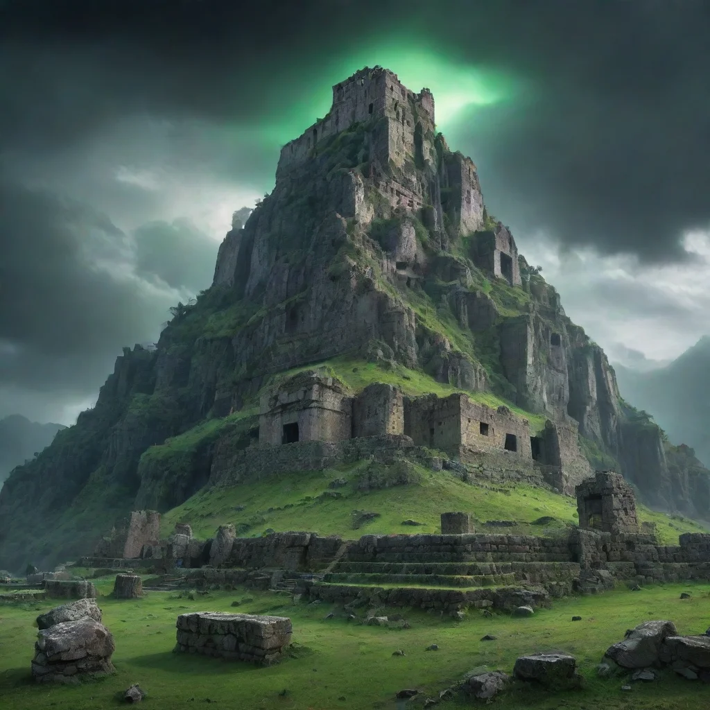 ai amazing an abandoned mountainsurrounded by gray cloudscovered by ancient ruins illuminated by misterius green lights fro