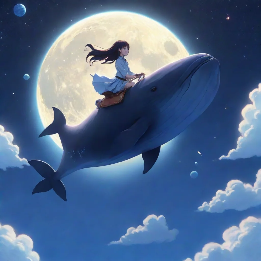 ai amazing anime character riding whale flying through the sky beautiful moon planets in sky hd aesthetic realistic cartoon
