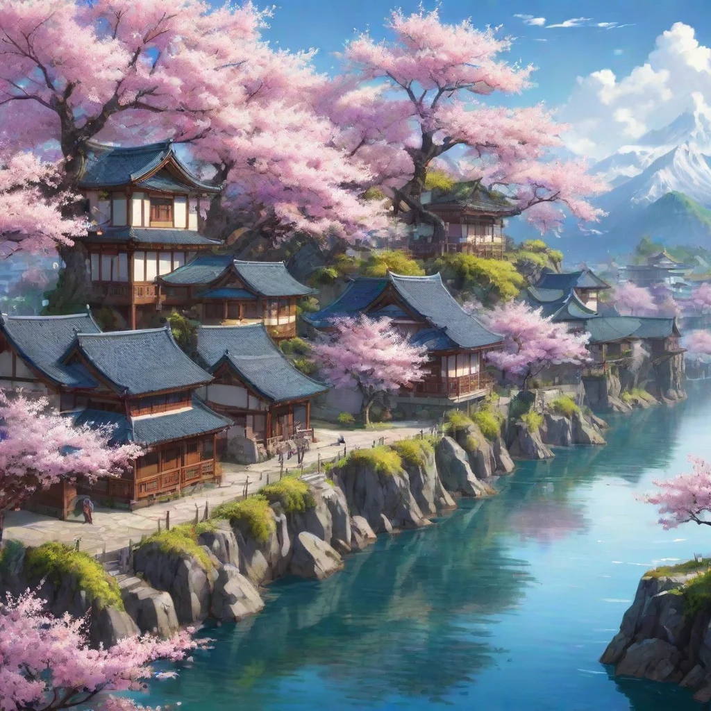 ai amazing anime stylemasterpiecebest qualityintricatehighreslakewatercitycherry blossomstreesvinesbeautiful sceneryrocksho