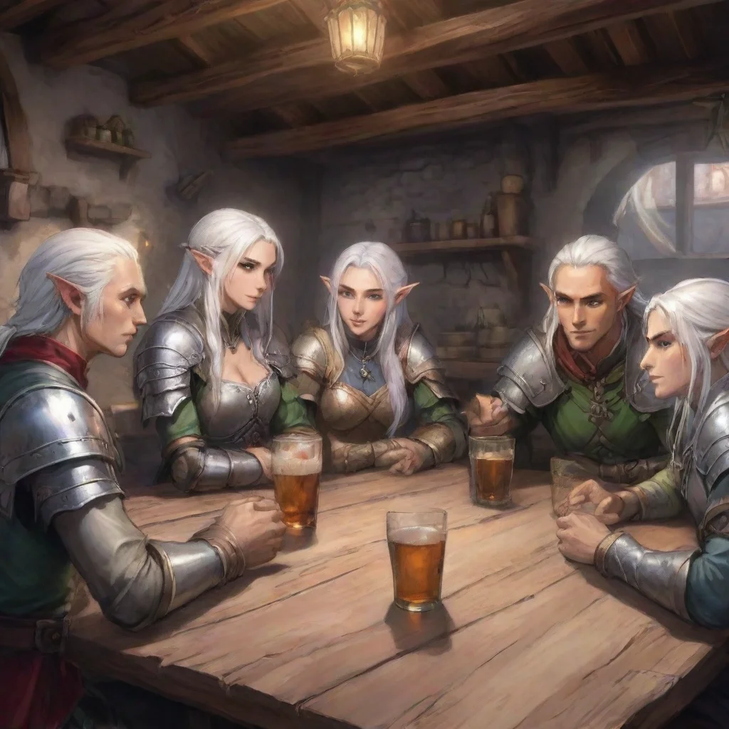  amazing anime stylemedieval rpg tavern with many people drinkingclose up on a table where three adventurer having a talk