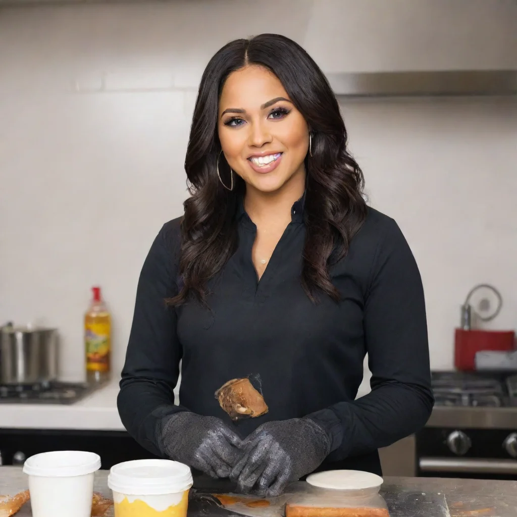 ai amazing ayesha curry smilingwith black comfy nitrile glovesand gun and mayonnaise splattered everywhere awesome portrait
