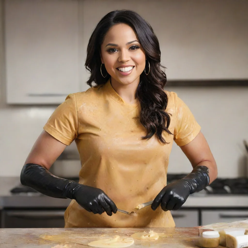 amazing ayesha curry smilingwith black nitrile gloves and gunandmayonnaise splattered everywhere awesome portrait 2