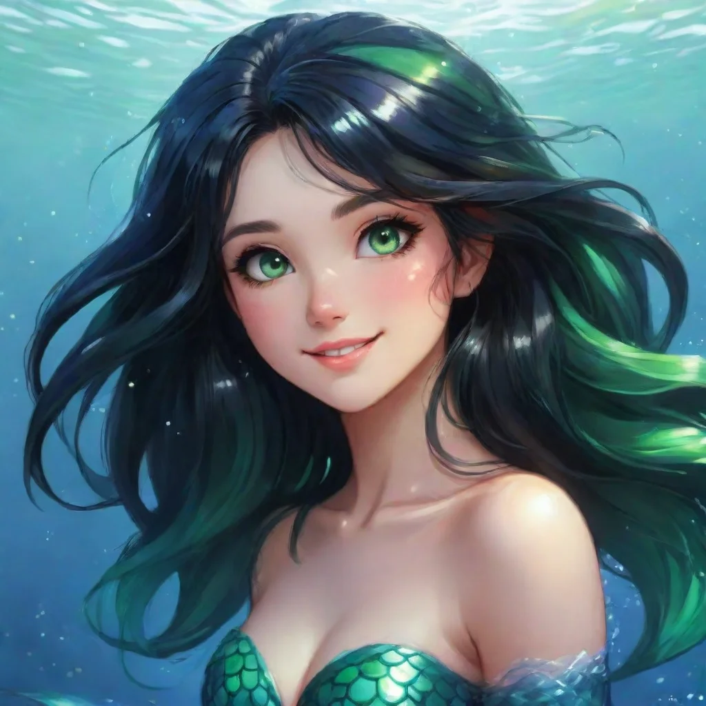  amazing beautiful anime mermaid with black hair and green eyes smiling awesome portrait 2