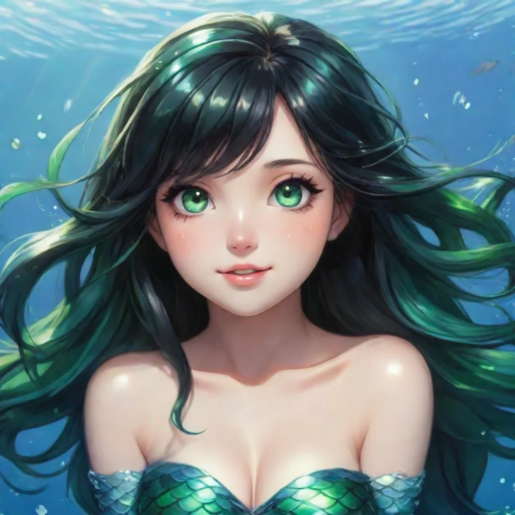  amazing beautiful happy anime mermaid with black hair and and green eyes awesome portrait 2