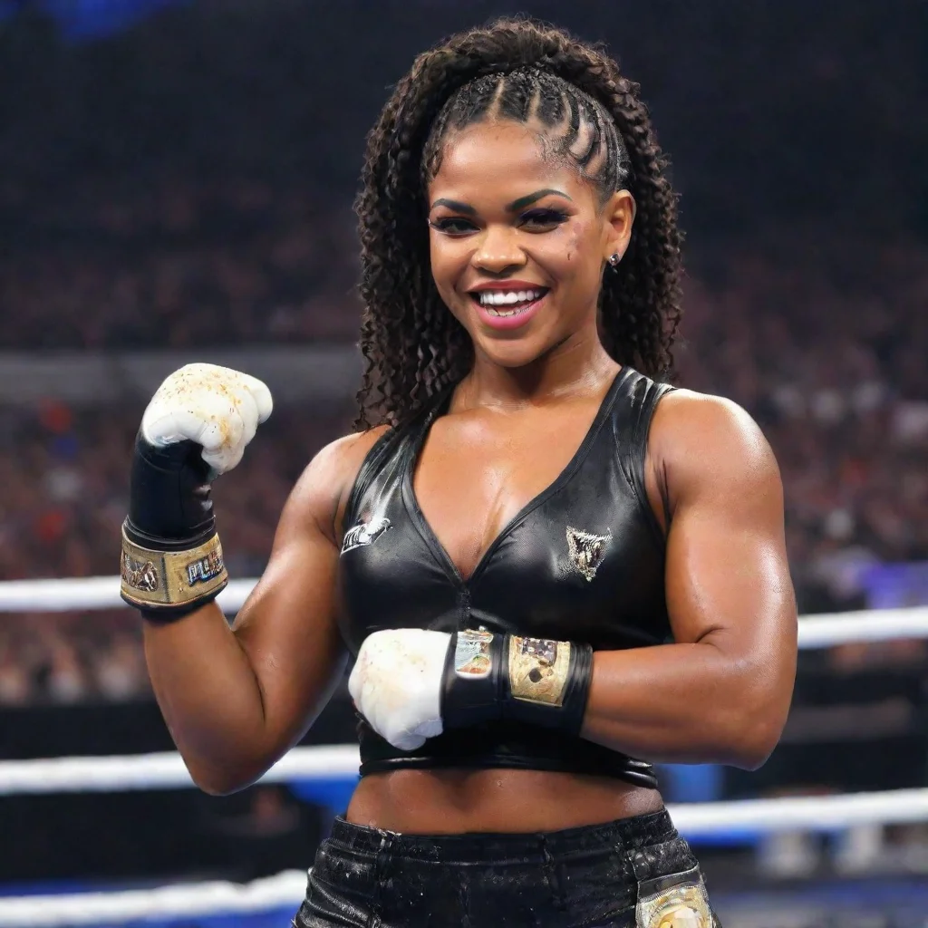 ai amazing bianca belairat wrestlemania 37 smiling with black deluxe gloves and gun and mayonnaise splattered everywhere aw