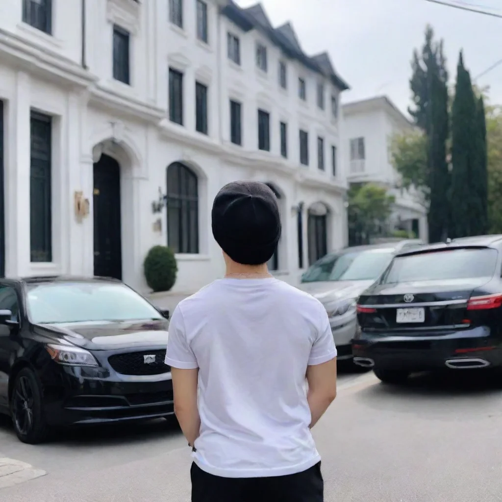  amazing btsjungkookstanding in front of a row of opulent houses and sleek carshis back facing the camerahe wears a casua
