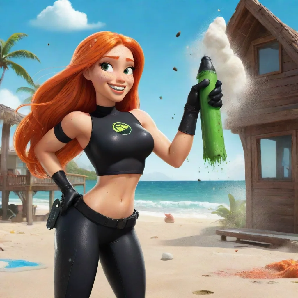 amazing cartoon kim possiblesmiling seriously at a beach house in jamaica with black gloves and powerful rocket launcher