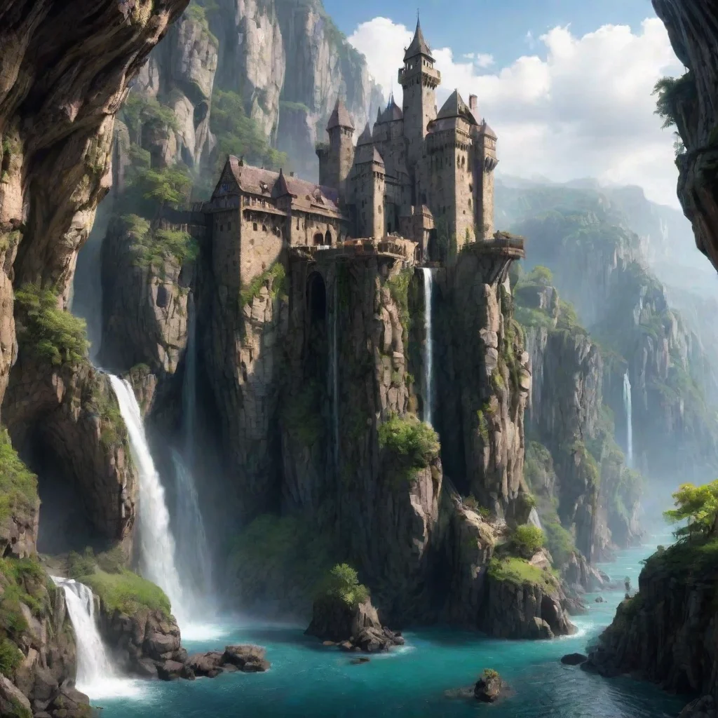 ai amazing castle on extreme cliff overhangs caves hd detailed realistic asthetic lovely waterfalls tall