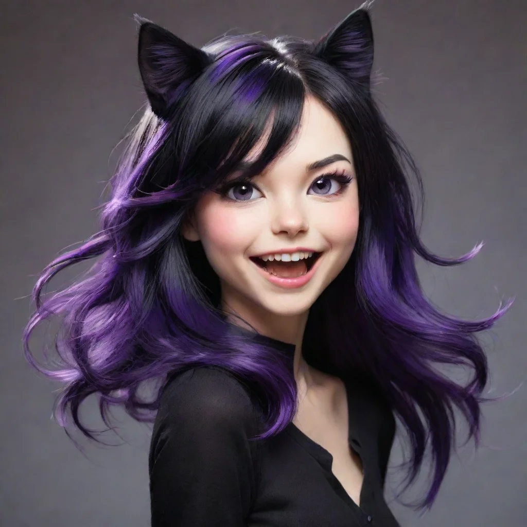  amazing cat girl with black purplish hair and is joyful awesome portrait 2 tall