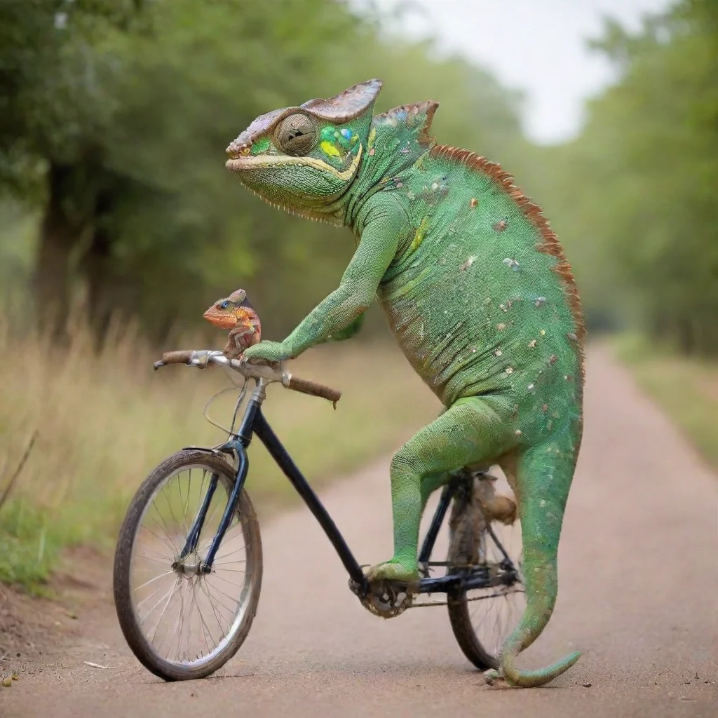 ai amazing chameleon riding a bike towards a pregnant horse awesome portrait 2