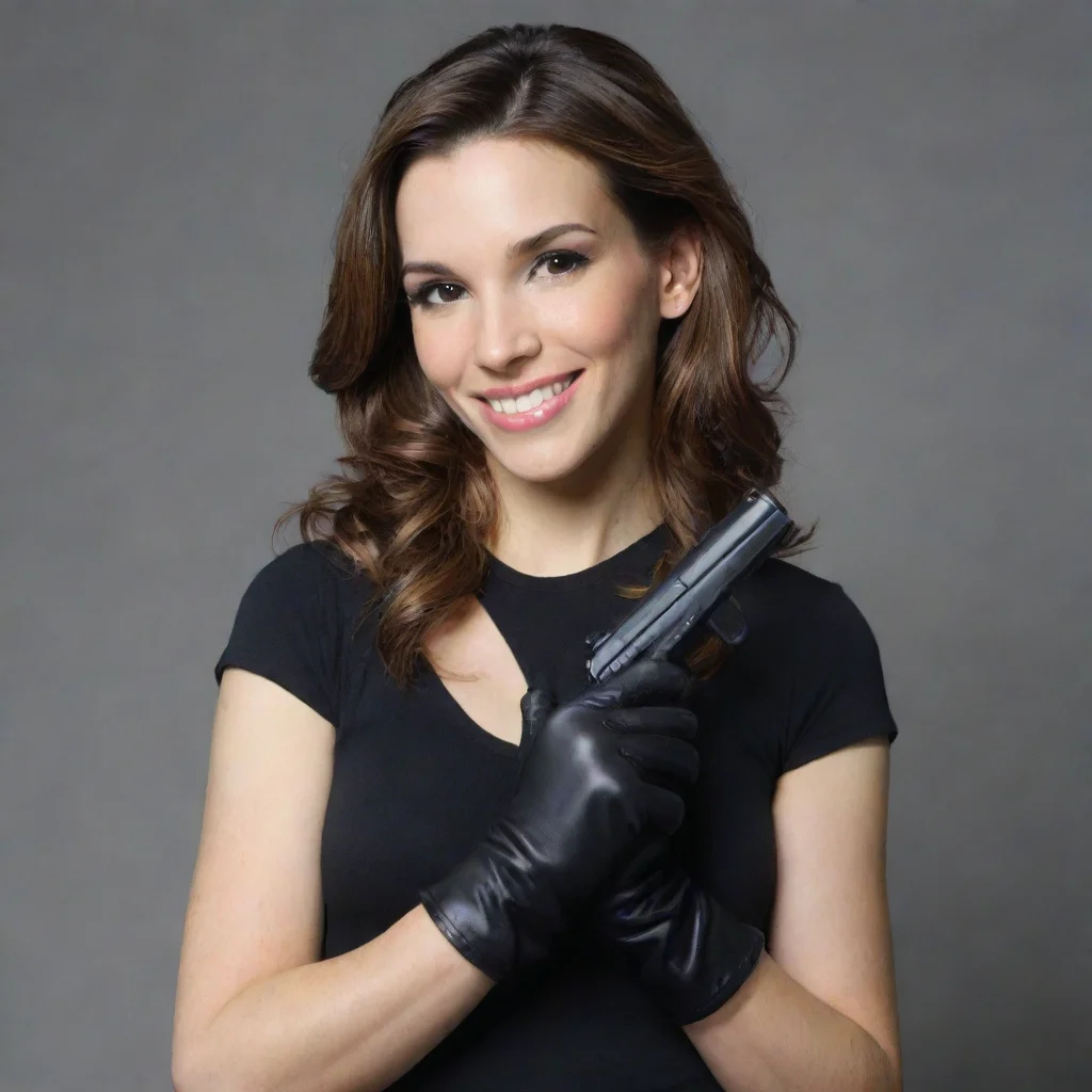 amazing christy carlson romanosmiling with black gloves and gun awesome portrait 2