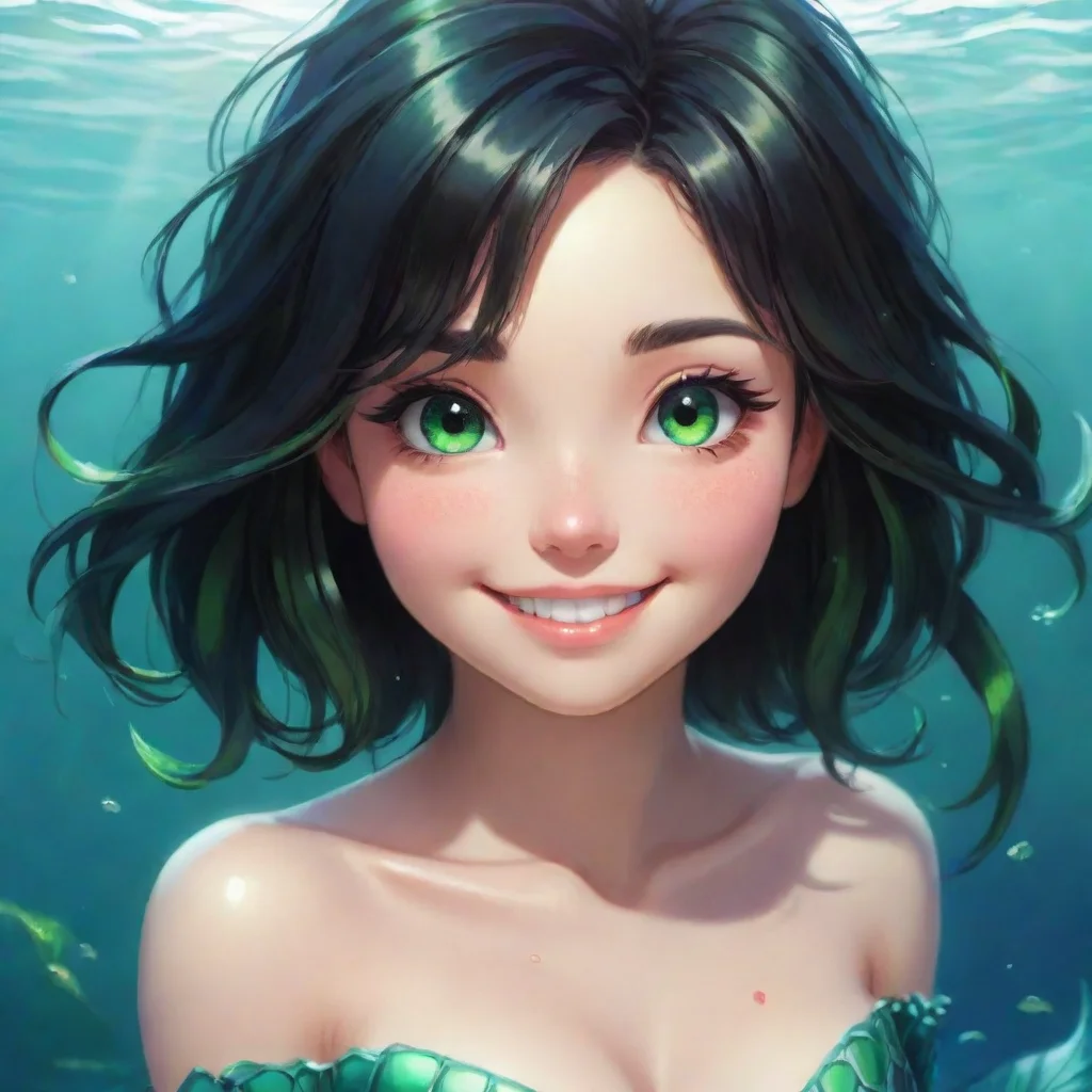  amazing cute anime mermaid with short black hair and green eyes smiling awesome portrait 2