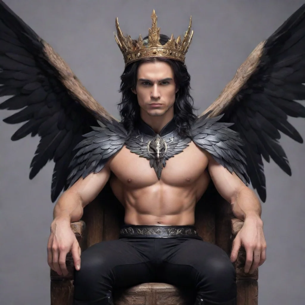 ai amazing demi human demi human malehuman faceblack wings for arms 1 4sitting on a thronewearing wooden crowntalons 