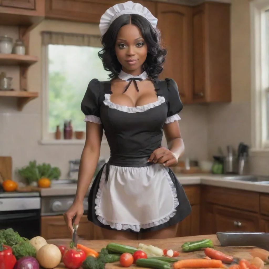ai amazing detailed Sure Luvria is standing in the kitchen wearing her provocative maid dress She is holding a knife cuttin
