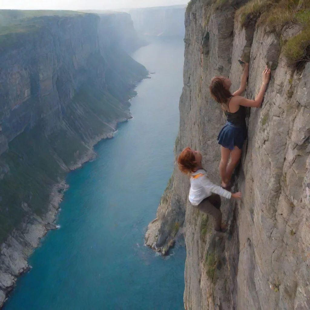 ai amazing detailed The girl approached a boy started to fall on the cliff it starts to scream for help the girl used his t