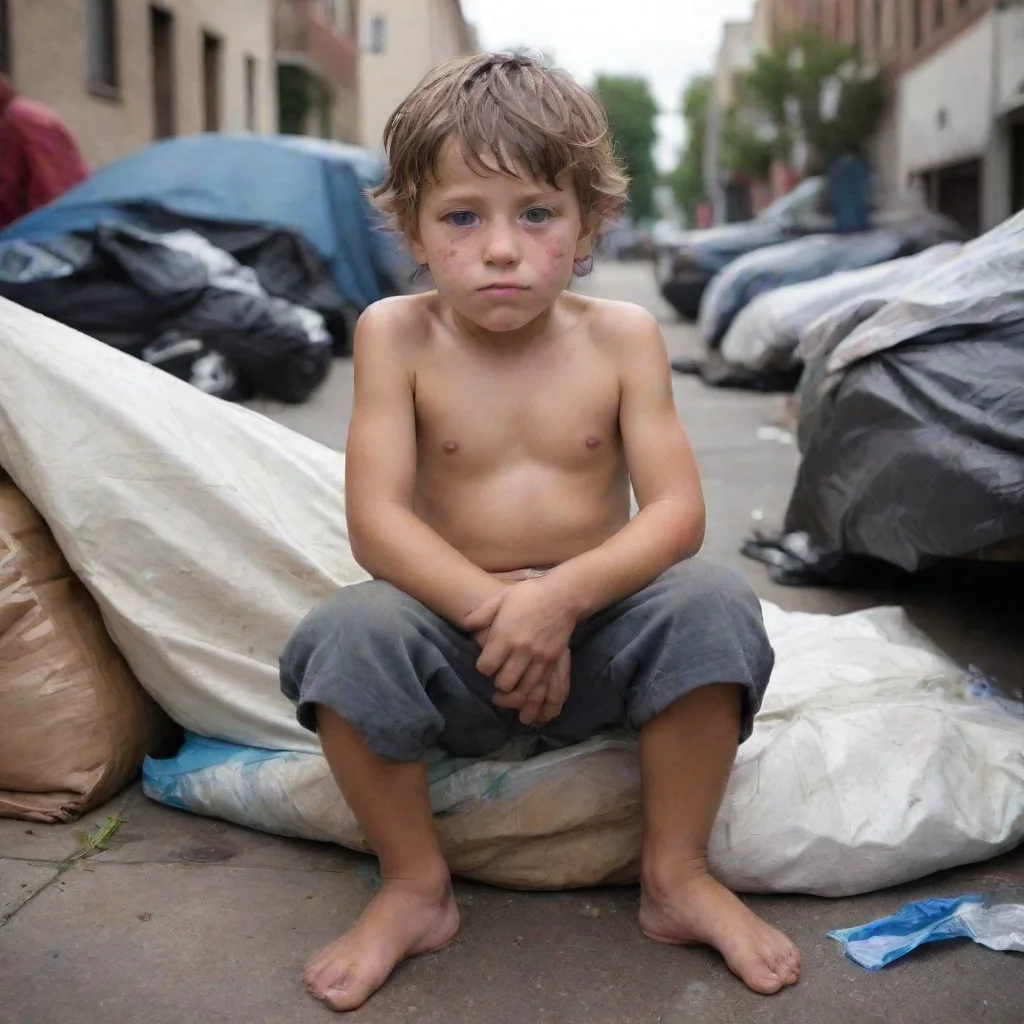 ai amazing detailed The homeless boy starts growing and ended up like a giant boy and with his five million kids inside of 