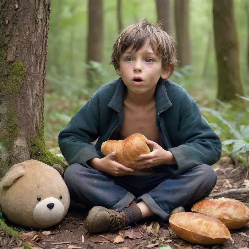 ai amazing detailed The homeless boy starts to feel hungry but theres no food and animals and fruits around the forest but 