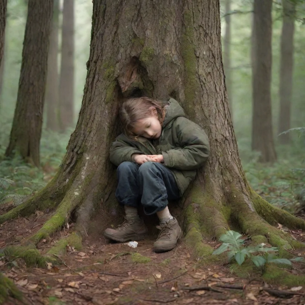 amazing detailed Theres a homeless boy on the forest with a three cute girls asleep on the tree As you approach the fore