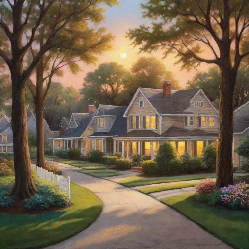 ai amazing detailed Um were am i You are in a quiet neighborhood surrounded by small houses and trees The sun is setting ca