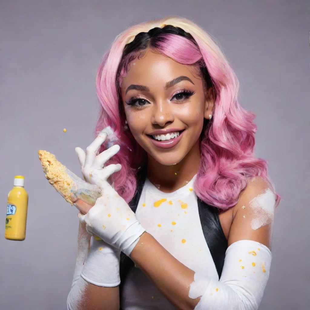 ai amazing doja cat rapper smiling with black deluxe nitrileglovesand gun and mayonnaise splattered everywhere awesome port