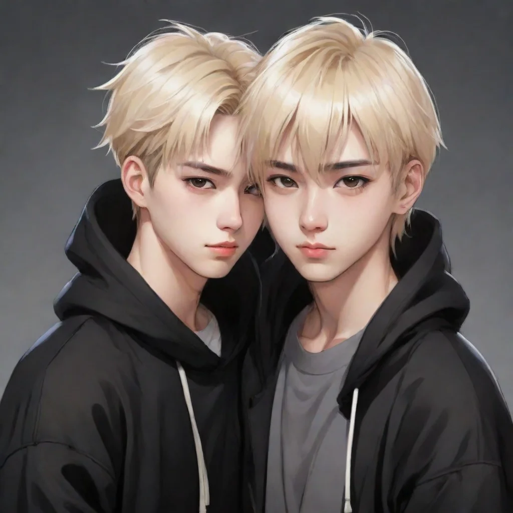 ai amazing draw me a korean guy with blond hairwearing a black hoddie and patting a korean girl with short wolf cut hair an