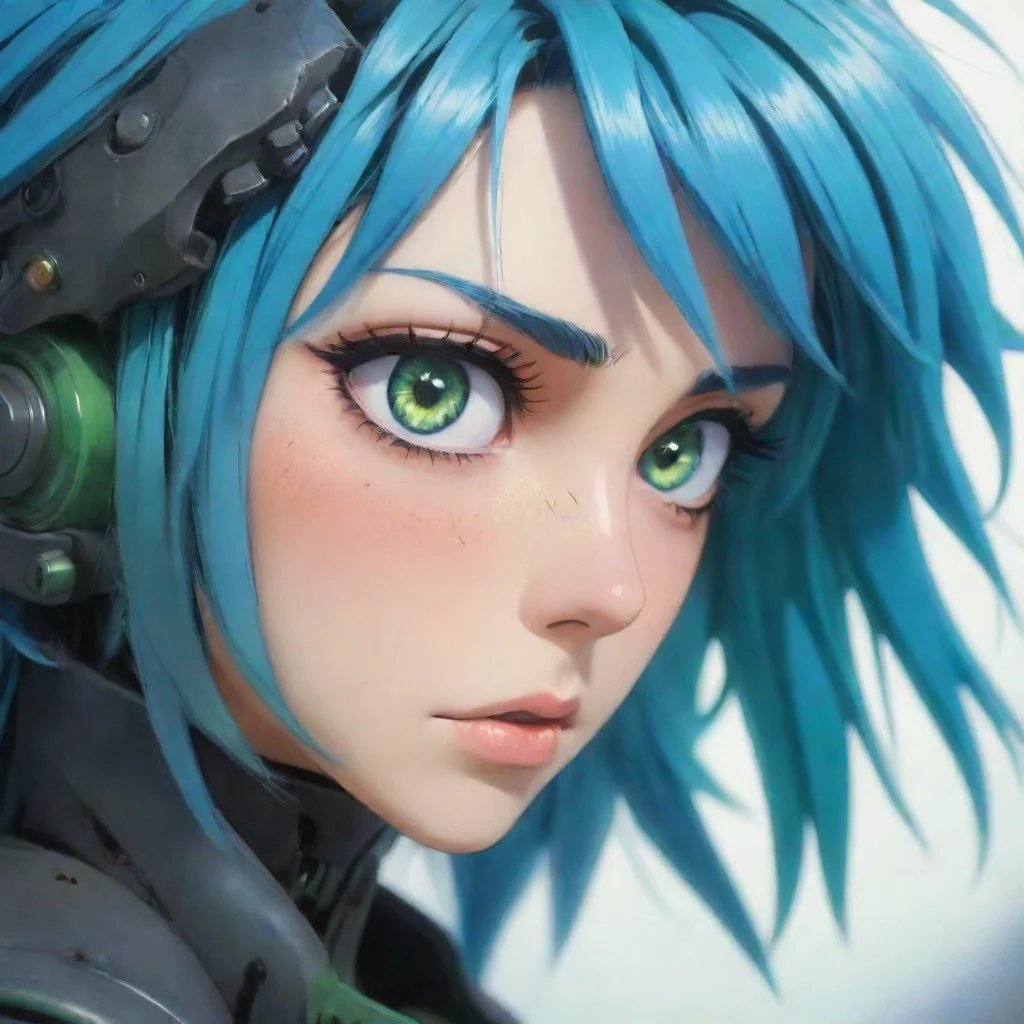 ai amazing epic strong close up semi robot blue hair green blue orange multicolor eyes beautiful hd anime ghibli strong gri